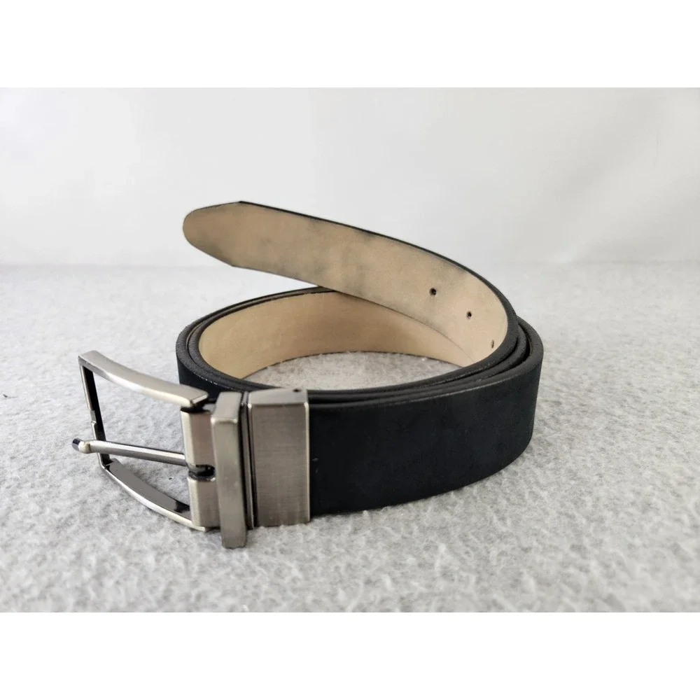 1901‎ Nordstrom Men's Black Suede Leather Belt Sz 38 Brass Silver Buckle Brazil